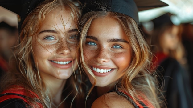 Photo two happy female graduates in caps celebrating success