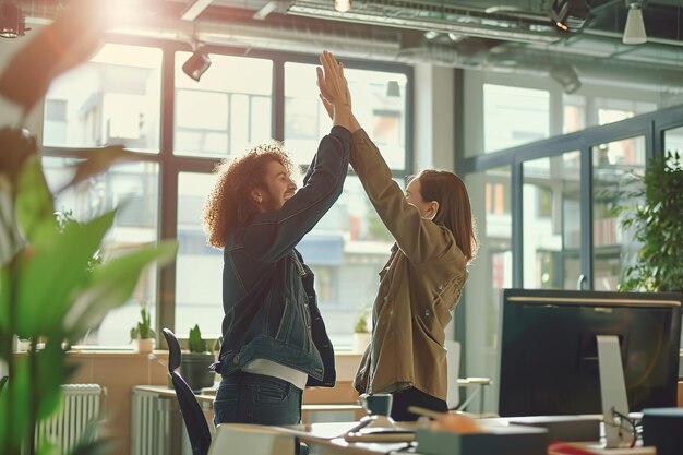 Two happy friend giving high five standing in office celebrating success