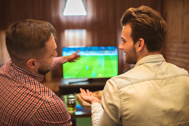 The two happy friends watch a football