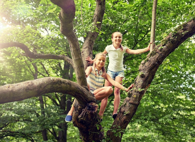 two happy girls climbing up tree in summer park
