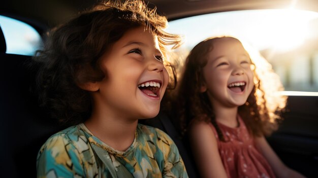 Two happy girls laughing in the backseat of a car while traveling Created with Generative AI technology