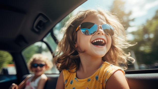 Two happy girls laughing in the backseat of a car while traveling Created with Generative AI technology