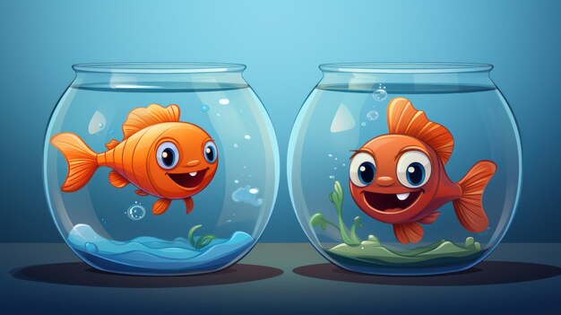 Two happy gold fish in fish bowls