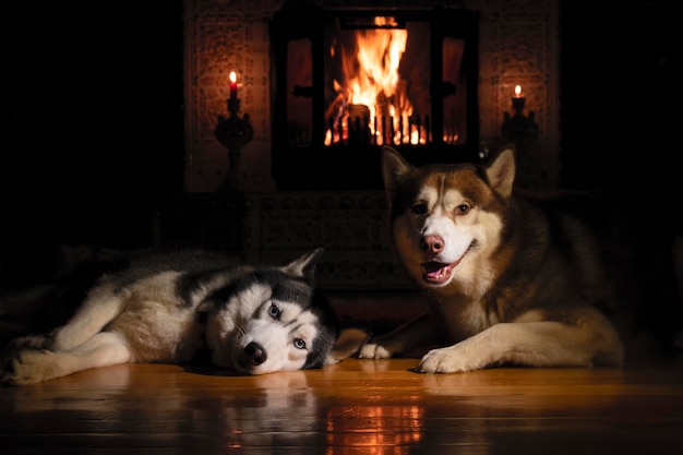 Two happy husky dogs lying by a burning fireplace in dark\
room