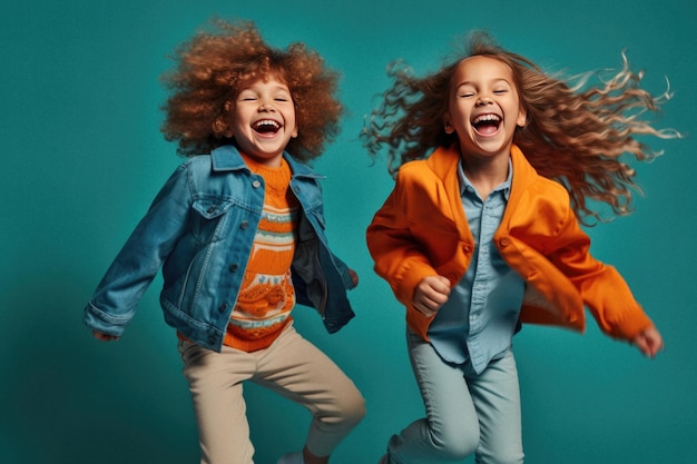 Two happy kids are smiling and laughing on blue background