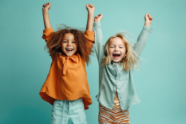 Two happy kids are smiling and laughing on blue background