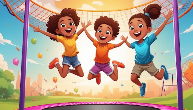 Photo two happy kids jumping on a trampoline cartoon style