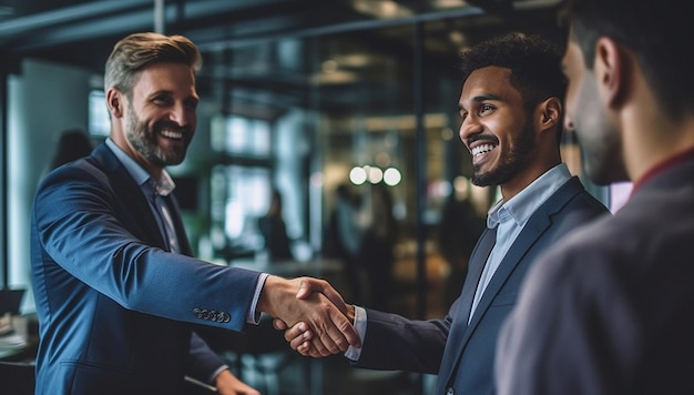 Two happy mature business men shaking hands in office Successful african american businessman for