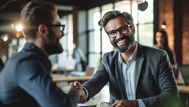 Two happy mature business men shaking hands in office Successful african american businessman for