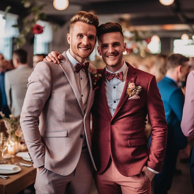 Two happy men dressed in stylish suits at a social event