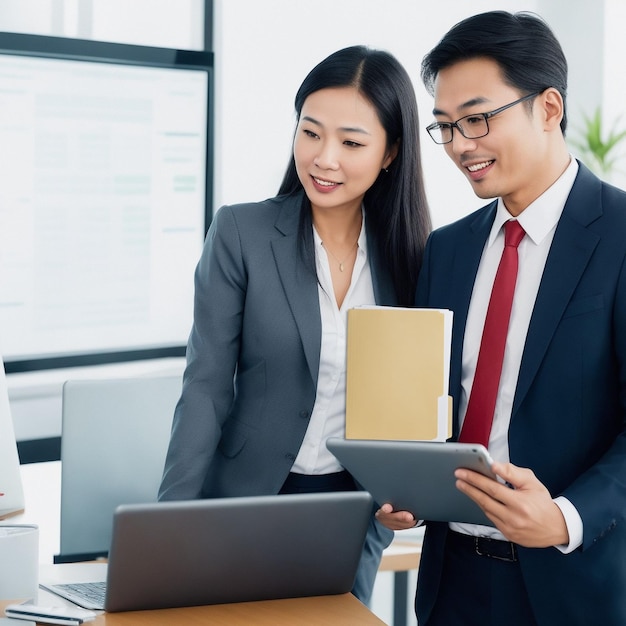 Two happy professional business people team Asian woman and Latin man workers working using digital