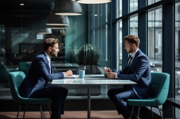 Two happy professional coworkers discussing online plan at work Mid aged manager explaining