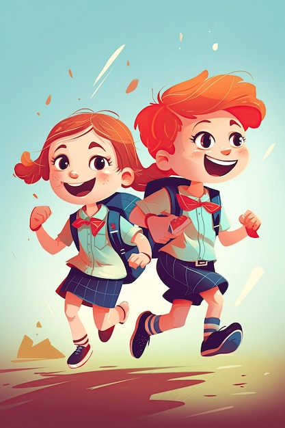 Two happy schoolchildren a boy and girl with backpacks are running Back to school Generative AI illustration