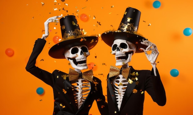 Two happy skeletons dancing at a halloween party