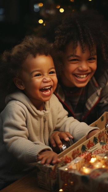 두 명의 행복한 젊은 흑인 아이들이 선물을 풀고 있습니다.