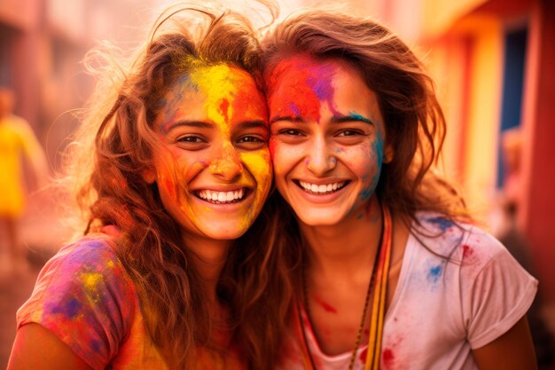 Two happy young european girls friends with colorful powder paints on them celebrating Holi