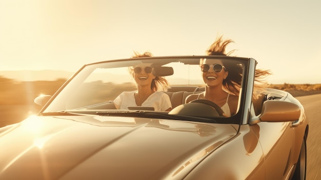 Two happy young girls in sunglasses traveling in a convertible at sunset Beige tones Cover postcard