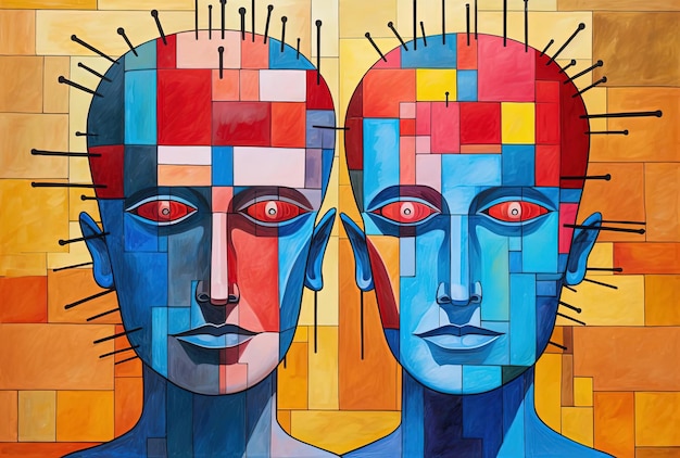 two head with blocks made of brains on each side in the style of colorful geometrics