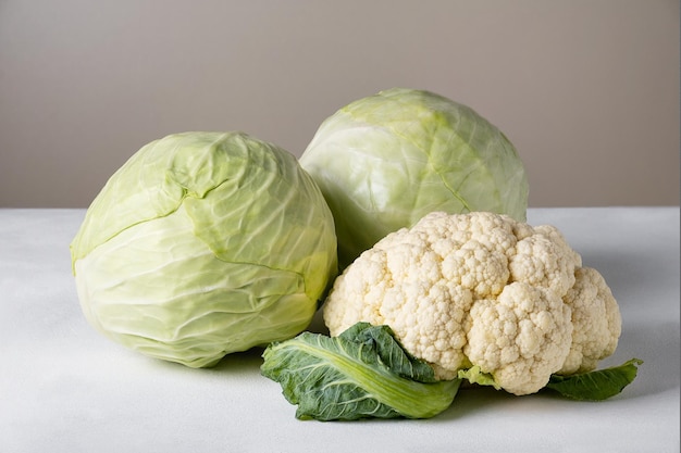 Two heads of white cabbage and a head of cauliflower