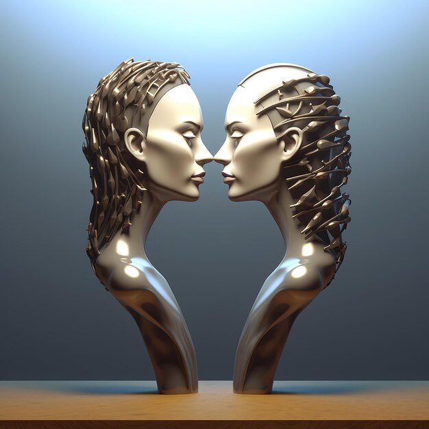 two heads with one being kissing with the other's face on the other.