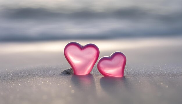 Photo two heart shaped glass hearts are on the beach