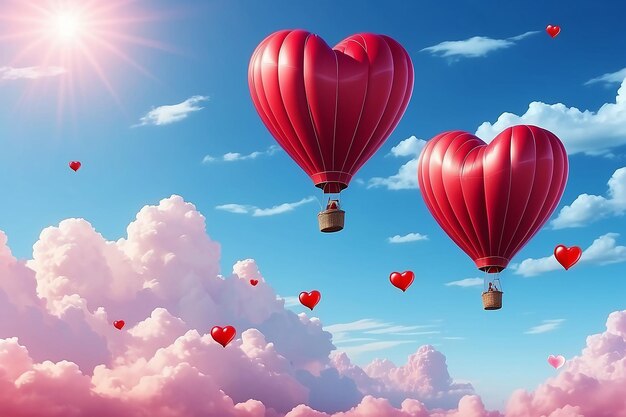 Photo two heart shaped red air balloons in beautiful blue sky valentines day background