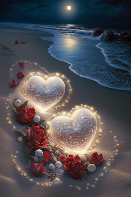 Два сердца на пляже с розами и жемчугом, генерирующий искусственный интеллект