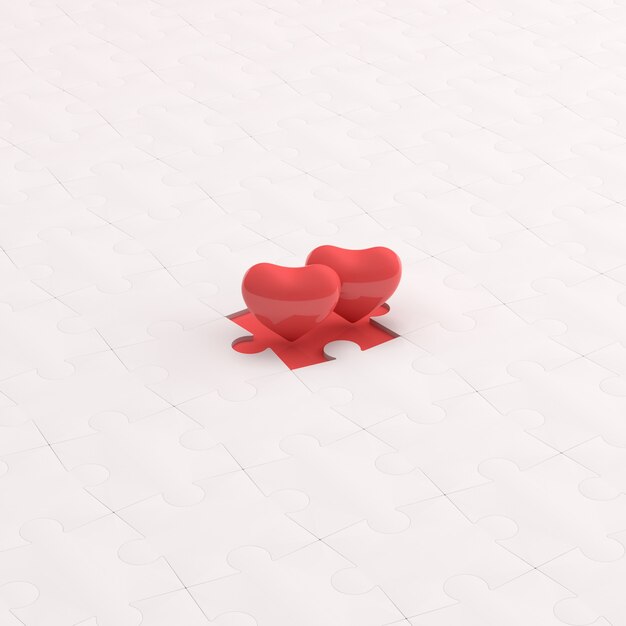 Two hearts are isolated on white puzzle, Valentine concept, 3d rendering.