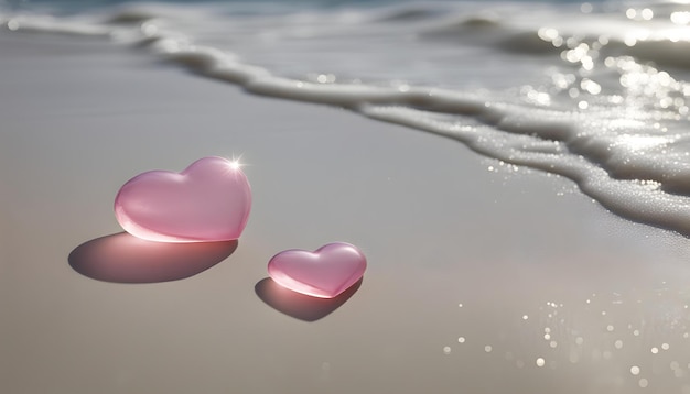 사진 두 개의 심장은 해변에 있고 물은 반인다.