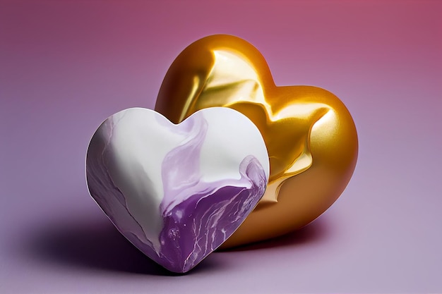 Two hearts are sitting next to each other, one of which is purple and the other is a gold heart.