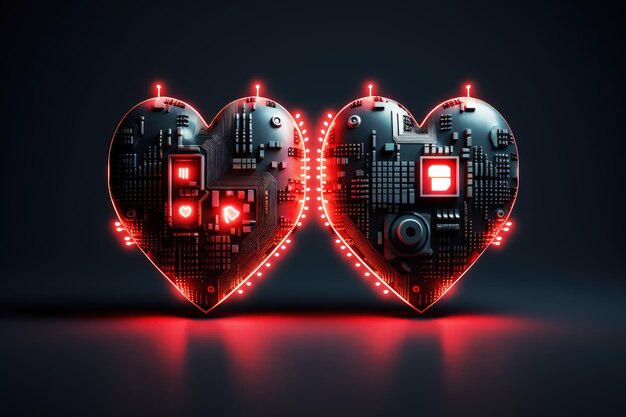 Two hearts connected with circuit board cyber network love science