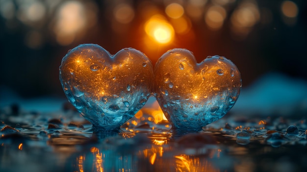 Two hearts floating in water with the sun shining in the background creating a serene and romantic atmosphere