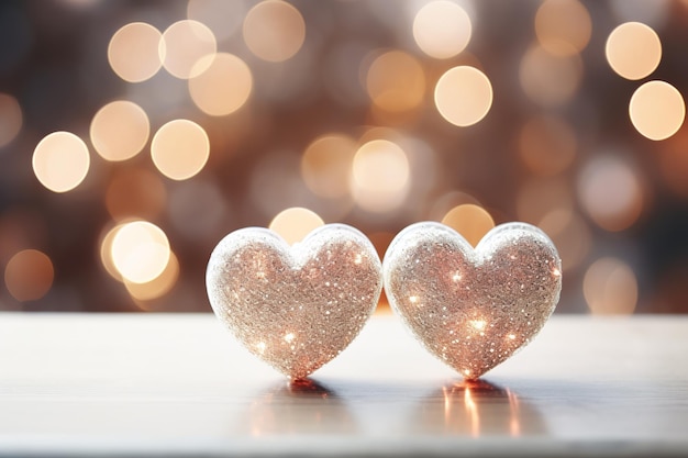 Two hearts made of silver sparkles on a blurred bokeh background