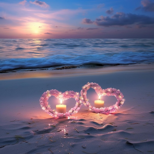 Фото Два сердца на пляже с закатом за ними