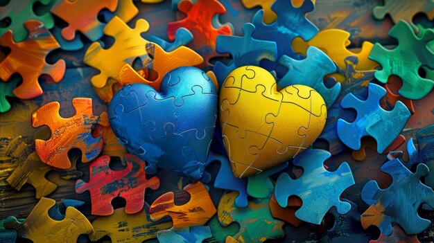 Two hearts on a table with colored puzzles