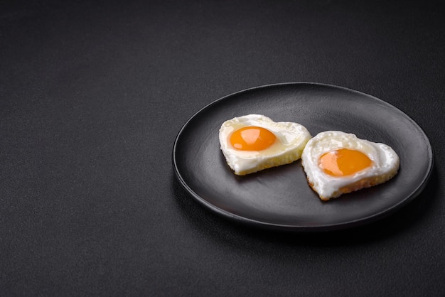 Two heartshaped fried eggs on a black ceramic plate on a dark concrete background