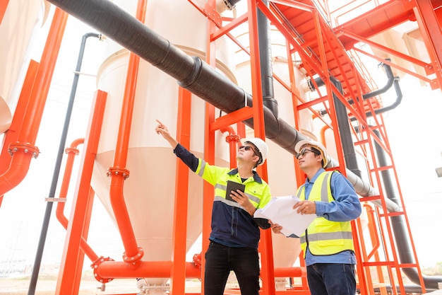 Two heavy industrial engineers standing in a standard water treatment plant use digital tablet computers and chatting Asian industry professionals