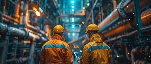 Two heavy industry engineers speak on a digital tablet computer during a construction of an oil gas and fuel transport pipeline Back view sparks fly