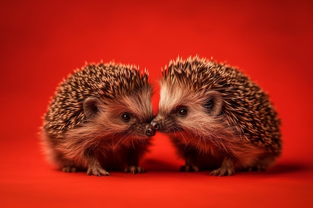 Two hedgehogs are kissing on a red background