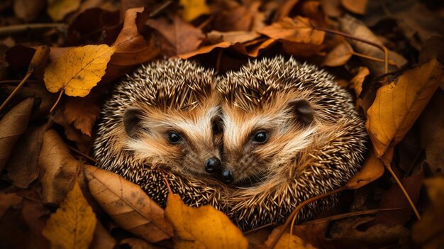 Two hedgehogs are sitting in a pile of leaves.