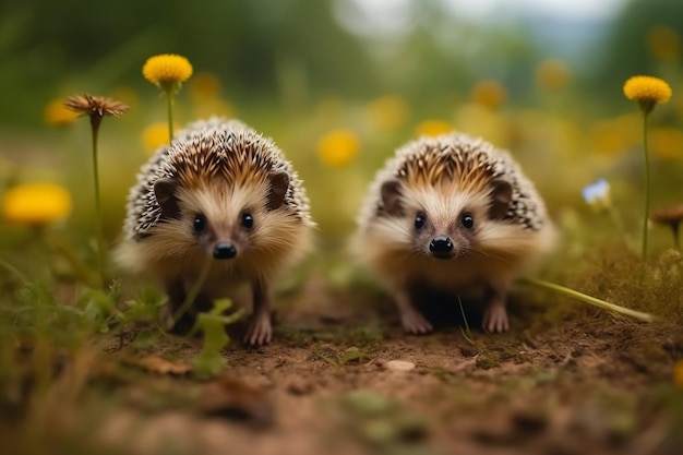 Two hedgehogs on a field of flowers