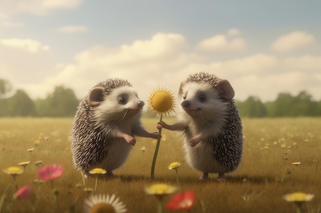 Two hedgehogs in a field with a flower