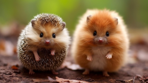 Two hedgehogs on a tree branch