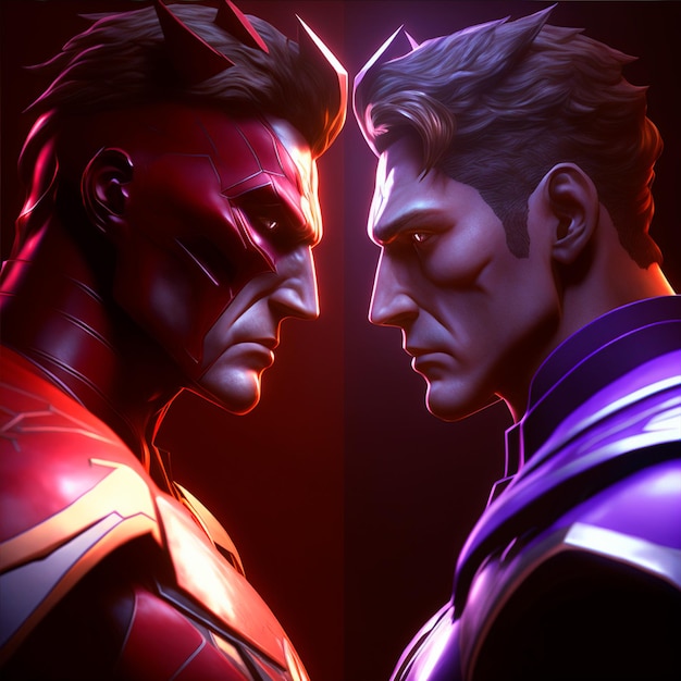 Two hero characters before the fight in purple and red color Postproducted generative AI digital