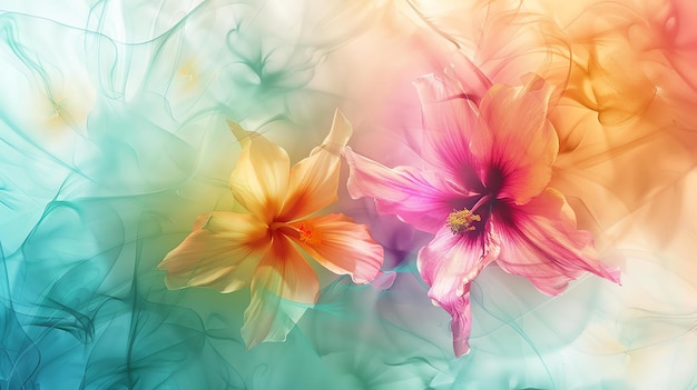 Two hibiscus flowers one yellow and one pink are set against a soft ethereal background