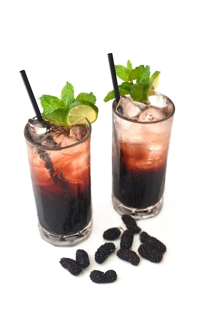 Two highball mulberry wine cocktails with mulberry on white background
