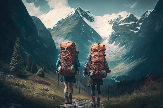 Two hiker kids with backpack on top of the mountain back Generative AI