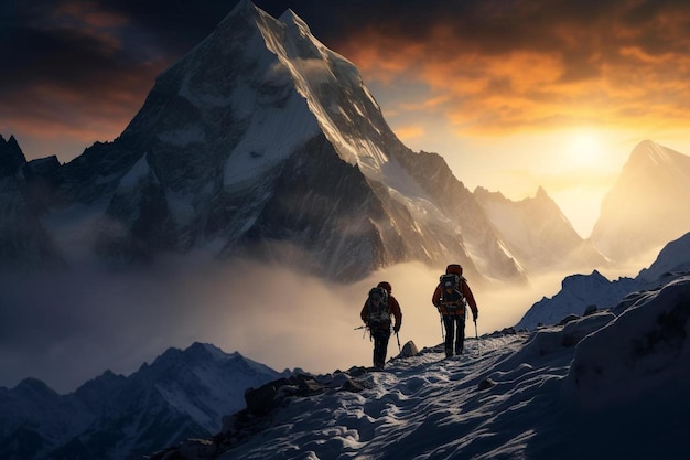 Two hikers on a mountain with the sun behind them.