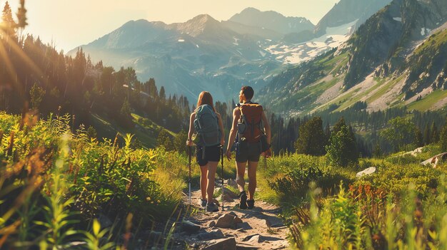 写真 美しい景色の景色を楽しんでいる山道の2人のハイカー