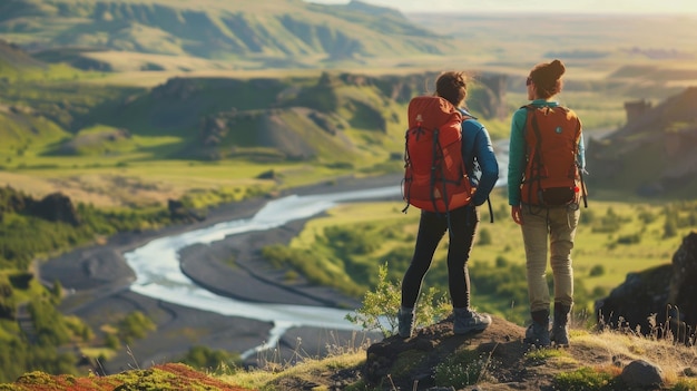 Two hikers stand atop a scenic overlook gazing out at a breathtaking landscape featuring rolling